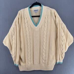 Vtg Cabin Creek Preppy Sporty V Neck Sweater Womens 22W Yellow Cable Knit Tennis